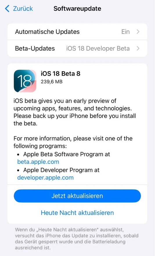 曲麻莱苹果手机维修分享苹果 iOS / iPadOS 18 开发者预览版 Beta 8 发布 